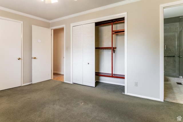 5681 S Calann Dr E, Holladay, UT 84121 - unfurnished bedroom featuring crown molding, carpet flooring, ensuite bathroom, and a closet