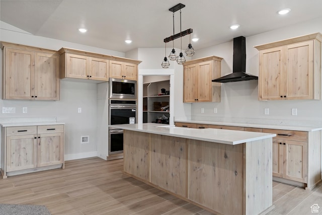 1856 S 2575 W, West Haven, UT 84401 - kitchen with light brown cabinetry, wall chimney exhaust hood, stainless steel microwave, light wood-style flooring, and recessed lighting