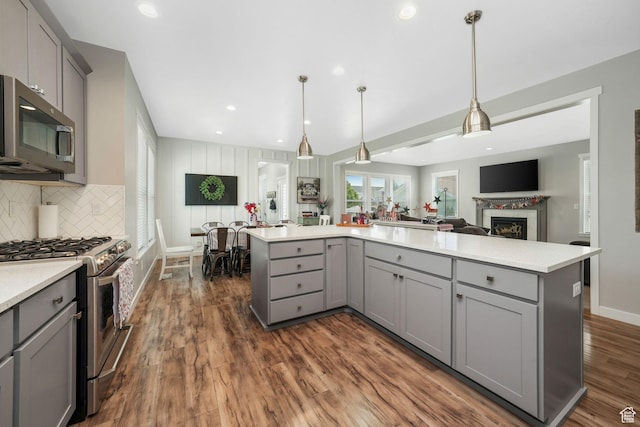 4966 W Kitsap Way Unit 10-532, South Jordan, UT 84009 - kitchen with gray cabinets, appliances with stainless steel finishes, dark wood-style floors, light countertops, and a fireplace