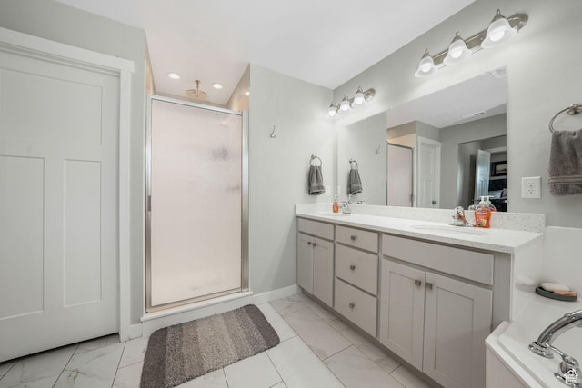 4966 W Kitsap Way Unit 10-532, South Jordan, UT 84009 - bathroom with a stall shower, marble finish floors, double vanity, recessed lighting, and a tub