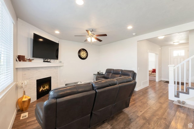 142 W Hackberry Rd, Vineyard, UT 84059 - living room featuring a ceiling fan, wood finished floors, a fireplace, stairway, and recessed lighting