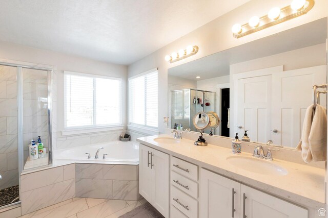 142 W Hackberry Rd, Vineyard, UT 84059 - bathroom with a bath, a stall shower, marble look tiles, and double vanity