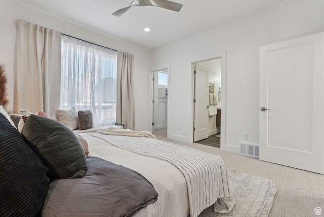 1618 S Main St Unit 3, Salt Lake City, UT 84115 - bedroom with light colored carpet, a walk in closet, ceiling fan, connected bathroom, and recessed lighting