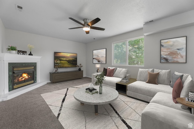 77 W 525 N, Layton, UT 84041 - living room with carpet flooring, ceiling fan, and a high end fireplace