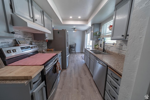 988 N Smith Dr, Price, UT 84501 - kitchen featuring stainless steel appliances, under cabinet range hood, decorative backsplash, light wood-style flooring, and recessed lighting
