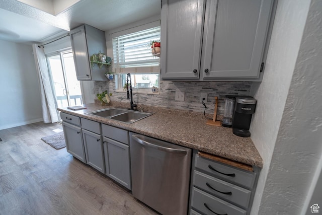 988 N Smith Dr, Price, UT 84501 - kitchen featuring stainless steel dishwasher, gray cabinets, decorative backsplash, and light wood-style floors