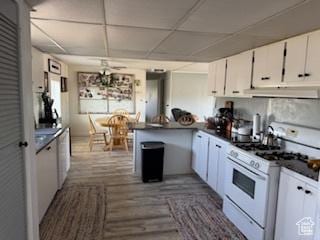 325 E Ashley Way, Manila, UT 84046 - kitchen featuring white range with gas stovetop, under cabinet range hood, a peninsula, dark countertops, and white cabinetry
