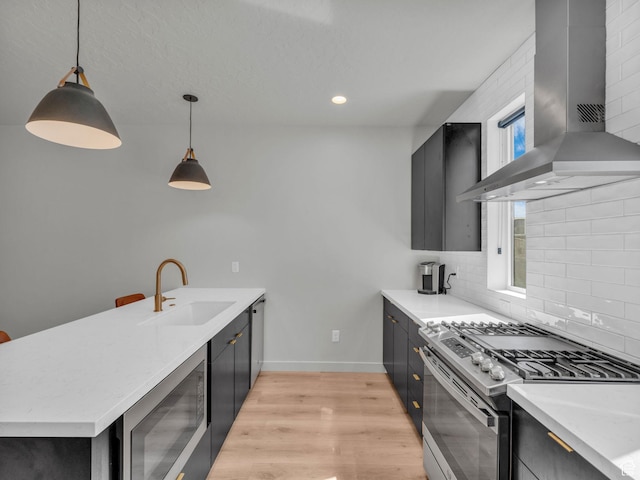 351 W 800 N # 9, Salt Lake City, UT 84103 - kitchen featuring appliances with stainless steel finishes, wall chimney range hood, a peninsula, backsplash, and light wood-type flooring