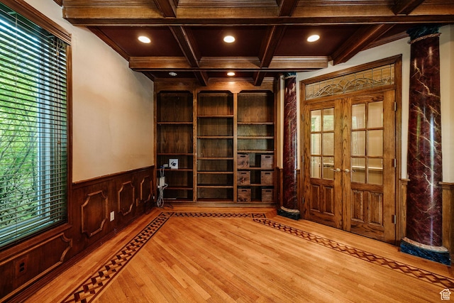 1387 E 260 N, Logan, UT 84321 - spare room with wood finished floors, wooden walls, inlaid floor details, recessed lighting, and french doors