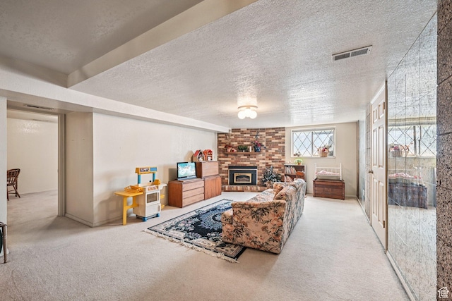 537 E Edindrew Cir, Murray, UT 84107 - carpeted living area featuring a textured ceiling and a fireplace