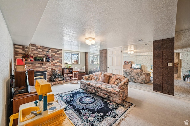 537 E Edindrew Cir, Murray, UT 84107 - living room featuring a textured ceiling, a brick fireplace, and carpet floors