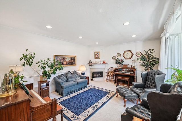 537 E Edindrew Cir, Murray, UT 84107 - living area with carpet, recessed lighting, ornamental molding, and a fireplace