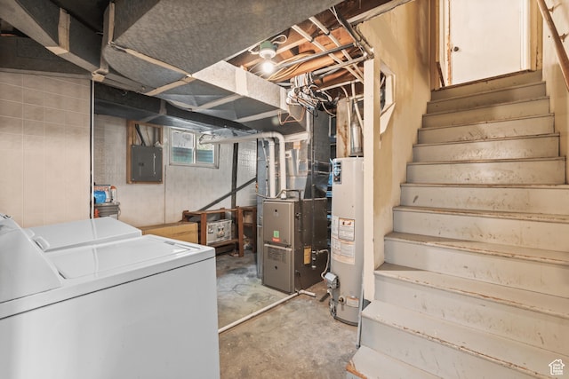 3245 S 1000 E, Millcreek, UT 84106 - below grade area featuring washing machine and dryer, electric panel, stairway, heating unit, and water heater