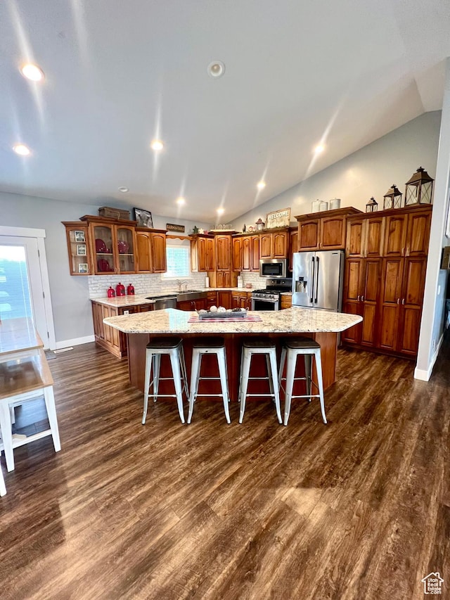 80 N 200 W, Central Valley, UT 84754 - kitchen featuring stainless steel appliances, a spacious island, dark wood-style floors, a kitchen bar, and lofted ceiling