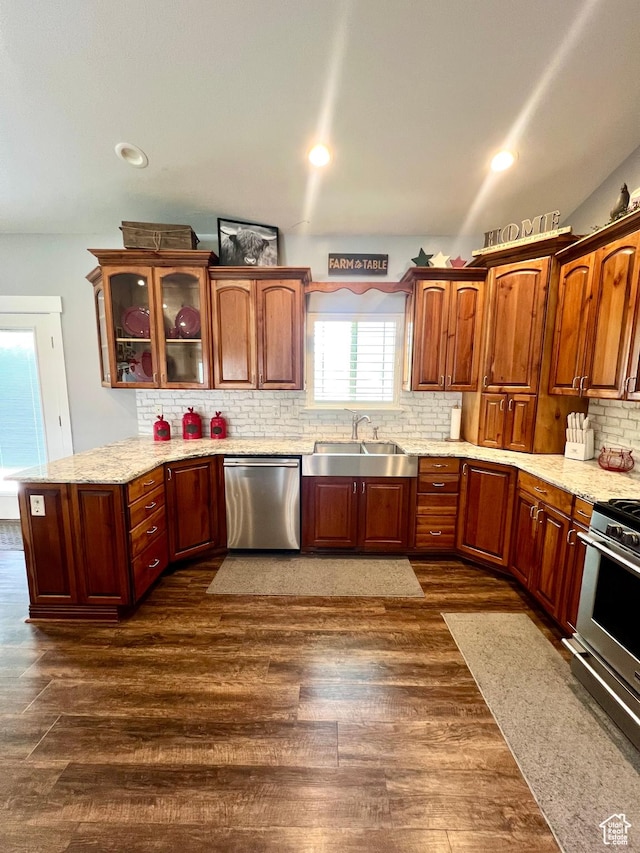 80 N 200 W, Central Valley, UT 84754 - kitchen with stainless steel dishwasher, stove, backsplash, glass insert cabinets, and dark wood-style flooring
