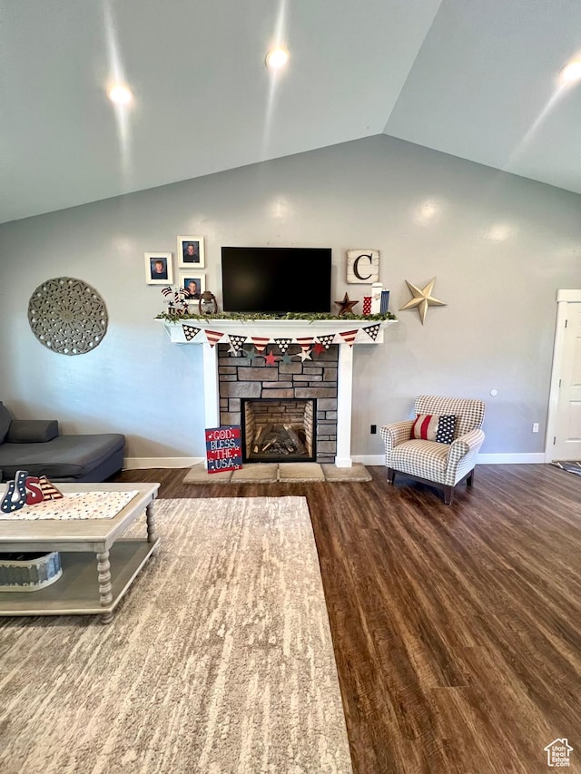 80 N 200 W, Central Valley, UT 84754 - living room featuring vaulted ceiling, wood finished floors, and a fireplace