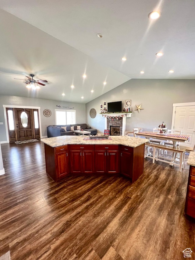 80 N 200 W, Central Valley, UT 84754 - kitchen featuring dark brown cabinets, open floor plan, dark wood finished floors, a fireplace, and vaulted ceiling