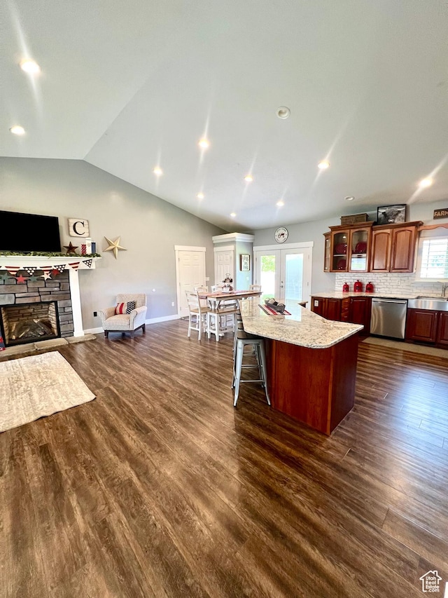 80 N 200 W, Central Valley, UT 84754 - kitchen featuring stainless steel dishwasher, a center island, open floor plan, lofted ceiling, and dark wood-style floors