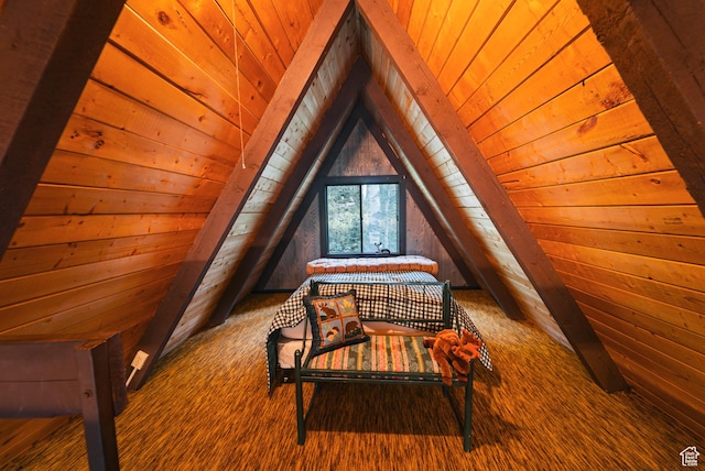 11106 E Greenbriar Rd Unit 462, Heber City, UT 84032 - bedroom with wood ceiling, vaulted ceiling, wood walls, and carpet
