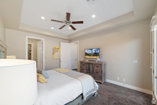 2076 N Doral Ct, Washington, UT 84780 - bedroom with a tray ceiling, recessed lighting, dark carpet, and a ceiling fan