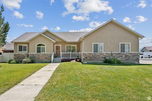 562 E 260 S, Midway, UT 84049 - single story home featuring stone siding, stucco siding, a front lawn, and covered porch