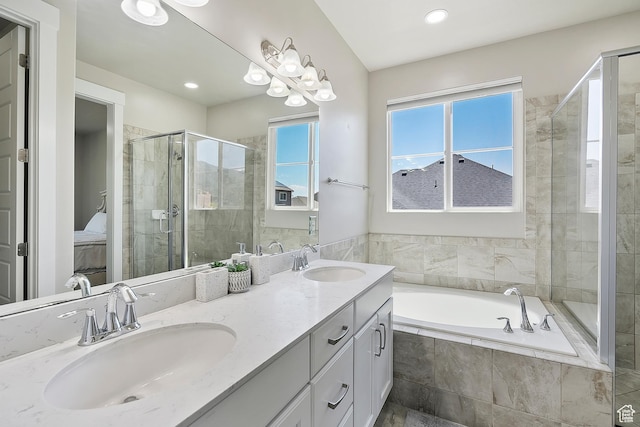 3359 N Redshoulder Dr, Layton, UT 84040 - ensuite bathroom with a garden tub, a stall shower, double vanity, and recessed lighting