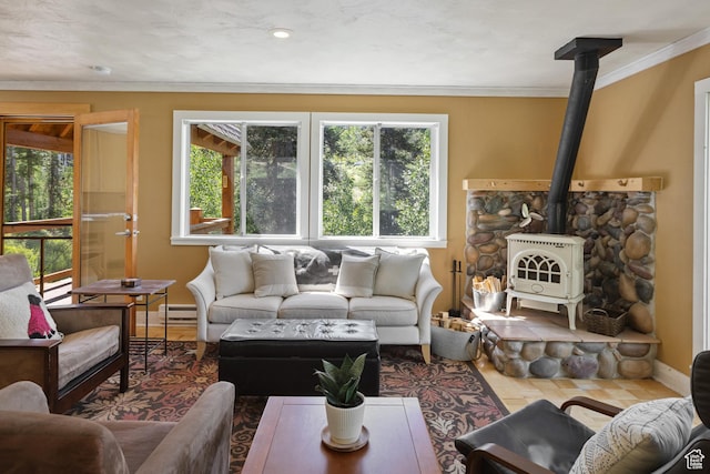 1519 Pine Needle Cir, Coalville, UT 84017 - living area with a wood stove, plenty of natural light, wood finished floors, crown molding, and a baseboard heating unit