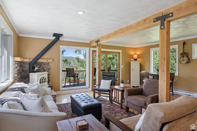 1519 Pine Needle Cir, Coalville, UT 84017 - living room featuring a wood stove, crown molding, a baseboard radiator, and beamed ceiling