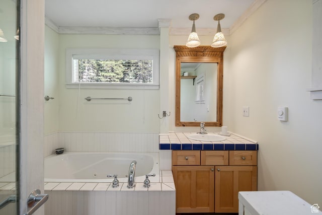 1519 Pine Needle Cir, Coalville, UT 84017 - bathroom featuring vanity, a jetted tub, and crown molding