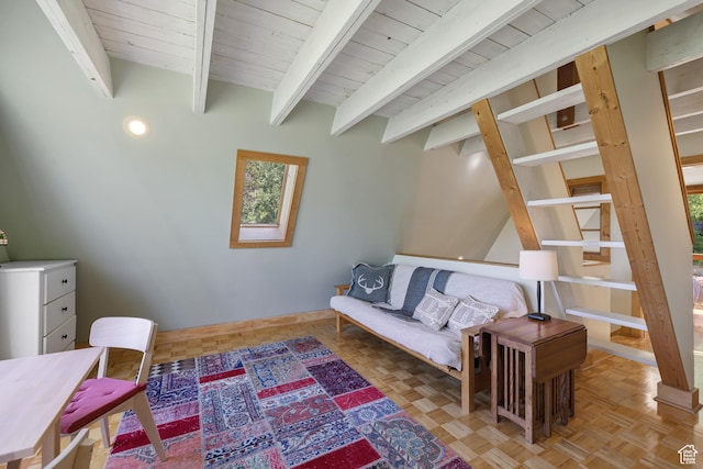 1519 Pine Needle Cir, Coalville, UT 84017 - sitting room featuring a wood ceiling with exposed beams and a skylight