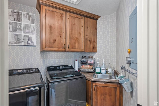 3371 W Waterbridge Cv Unit 417, South Jordan, UT 84095 - washroom with wallpapered walls, cabinet space, and washing machine and clothes dryer