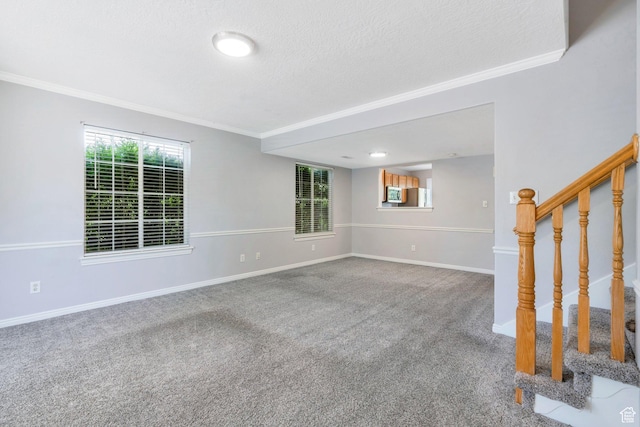 303 E 900 S Unit 42, Payson, UT 84651 - unfurnished living room featuring crown molding, carpet floors, stairs, and a textured ceiling