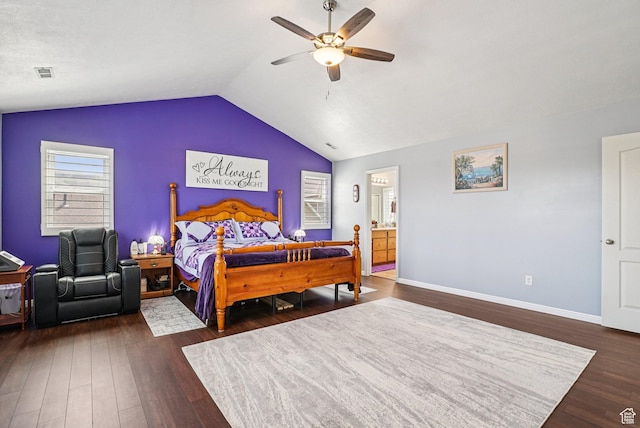 13626 S Bluewing Way, Riverton, UT 84096 - bedroom with lofted ceiling, dark wood-type flooring, a ceiling fan, and ensuite bath