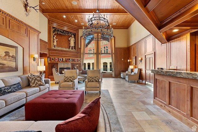 840 W Bigler Ln N Unit 1079, Midway, UT 84049 - common area with a wooden ceiling with exposed beams, a towering ceiling, a decorative wall, and recessed lighting