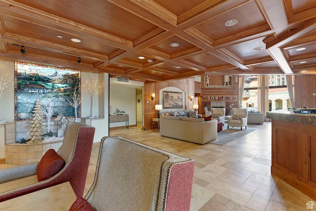 840 W Bigler Ln N Unit 1079, Midway, UT 84049 - living room featuring a high end fireplace, coffered ceiling, recessed lighting, a wooden ceiling with exposed beams, and crown molding