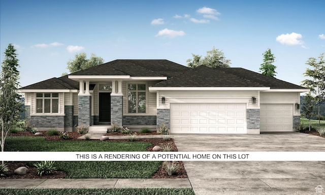 369 N Amber Ln W, Layton, UT 84041 - prairie-style home featuring a garage, stone siding, and concrete driveway