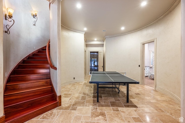 694 W Cephus Rd, Draper, UT 84020 - rec room featuring crown molding, stone tile floors, and recessed lighting