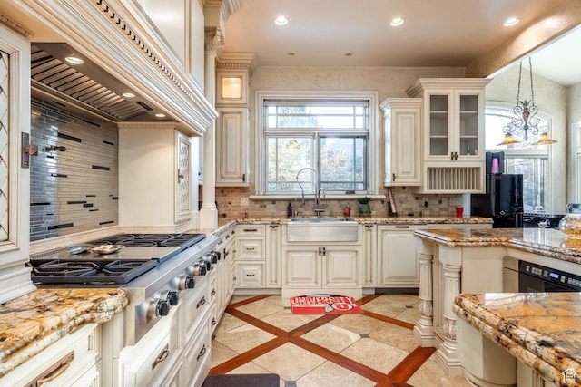 694 W Cephus Rd, Draper, UT 84020 - kitchen with custom exhaust hood, recessed lighting, inlaid floor details, decorative backsplash, and glass insert cabinets