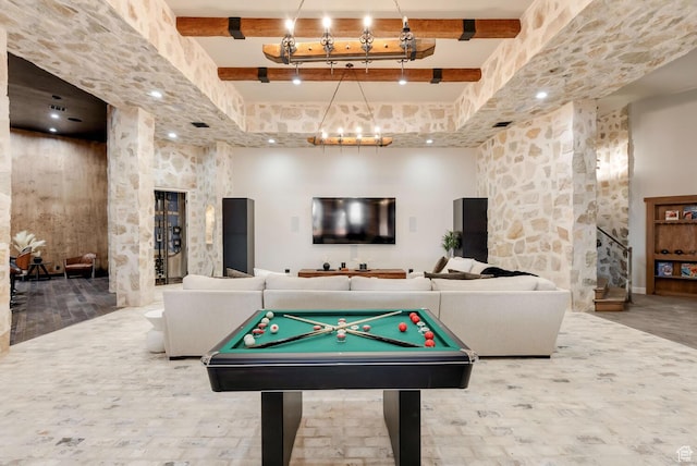 2836 S 2300th Cir E, St George, UT 84790 - playroom featuring beam ceiling, a chandelier, pool table, and a high ceiling