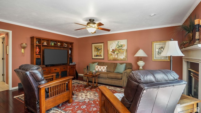 2262 E Emerald Hills Ct, Cottonwood Heights, UT 84121 - living room featuring a ceiling fan, wood finished floors, ornamental molding, and a glass covered fireplace