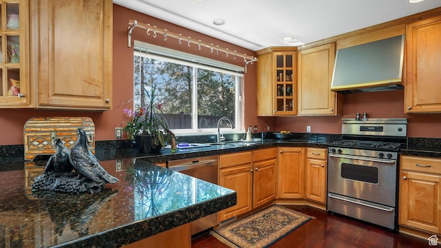 2262 E Emerald Hills Ct, Cottonwood Heights, UT 84121 - kitchen featuring wall chimney exhaust hood, appliances with stainless steel finishes, dark wood-style floors, glass insert cabinets, and recessed lighting