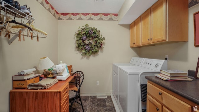 2262 E Emerald Hills Ct, Cottonwood Heights, UT 84121 - laundry area with washing machine and dryer, cabinet space, dark marble finish flooring, and an office area