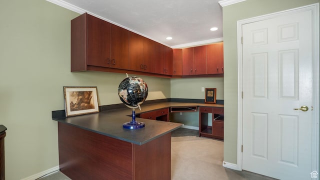 2262 E Emerald Hills Ct, Cottonwood Heights, UT 84121 - office area with built in desk, recessed lighting, and ornamental molding