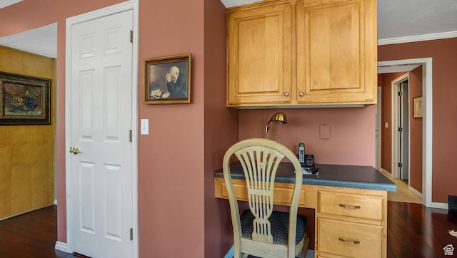 2262 E Emerald Hills Ct, Cottonwood Heights, UT 84121 - office area with built in desk, dark wood finished floors, and ornamental molding