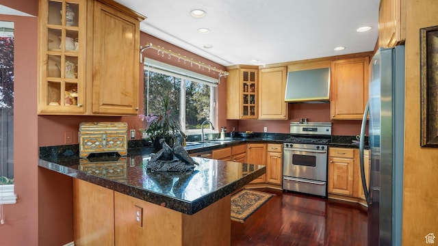 2262 E Emerald Hills Ct, Cottonwood Heights, UT 84121 - kitchen with stainless steel appliances, custom range hood, a peninsula, dark wood-type flooring, and recessed lighting