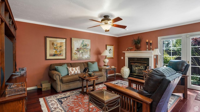 2262 E Emerald Hills Ct, Cottonwood Heights, UT 84121 - living room with ceiling fan, wood-type flooring, a fireplace, and ornamental molding