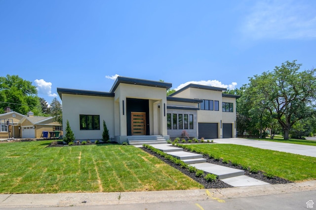 1958 E Longview Dr, Holladay, UT 84124 - contemporary house featuring an attached garage, concrete driveway, a front yard, and stucco siding
