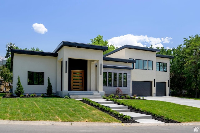 1958 E Longview Dr, Holladay, UT 84124 - modern home featuring concrete driveway, an attached garage, a front yard, and stucco siding
