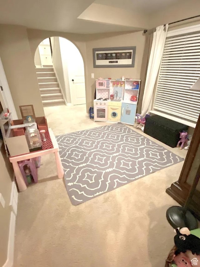 4854 N Shady Bend Ln, Lehi, UT 84043 - rec room featuring carpet and arched walkways
