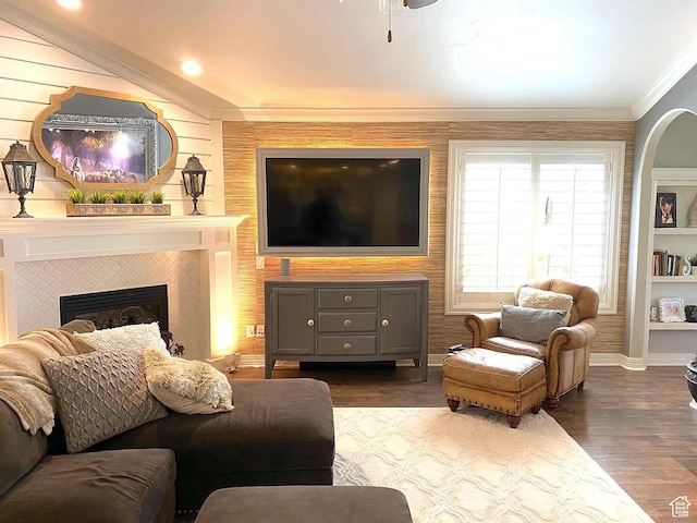 4854 N Shady Bend Ln, Lehi, UT 84043 - living area featuring dark wood-type flooring, a fireplace, ornamental molding, and ceiling fan